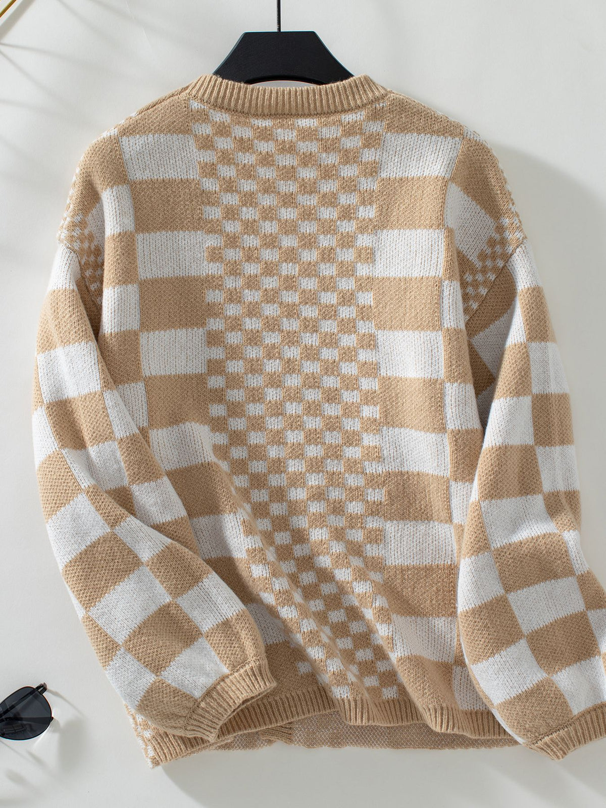 Checkerboard Knit Open Front Balloon Sleeve Cardigan - Khaki - 1