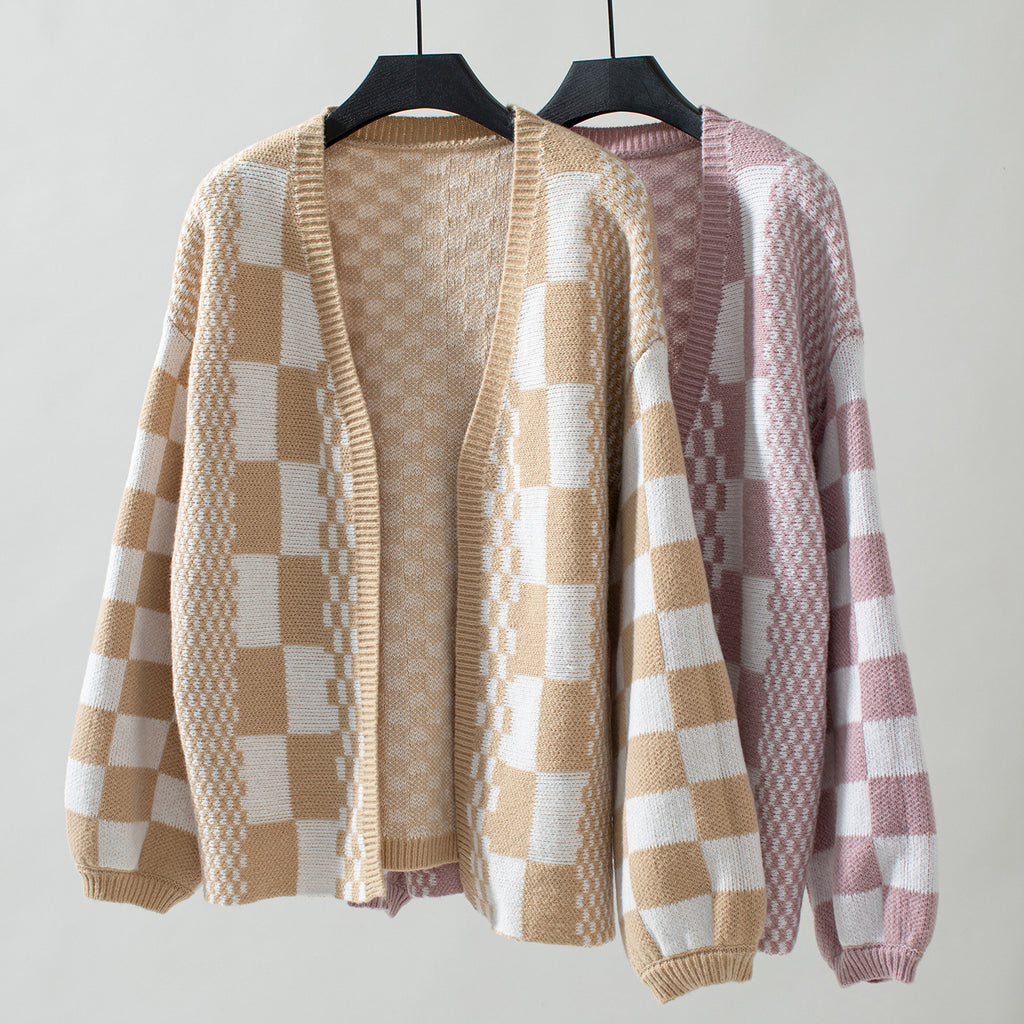 Checkerboard Knit Open Front Balloon Sleeve Cardigan - Khaki - 4