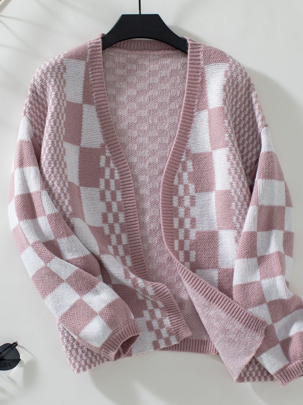 Checkerboard Knit Open Front Balloon Sleeve Cardigan - Purple