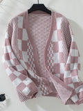Checkerboard Knit Open Front Balloon Sleeve Cardigan - Purple