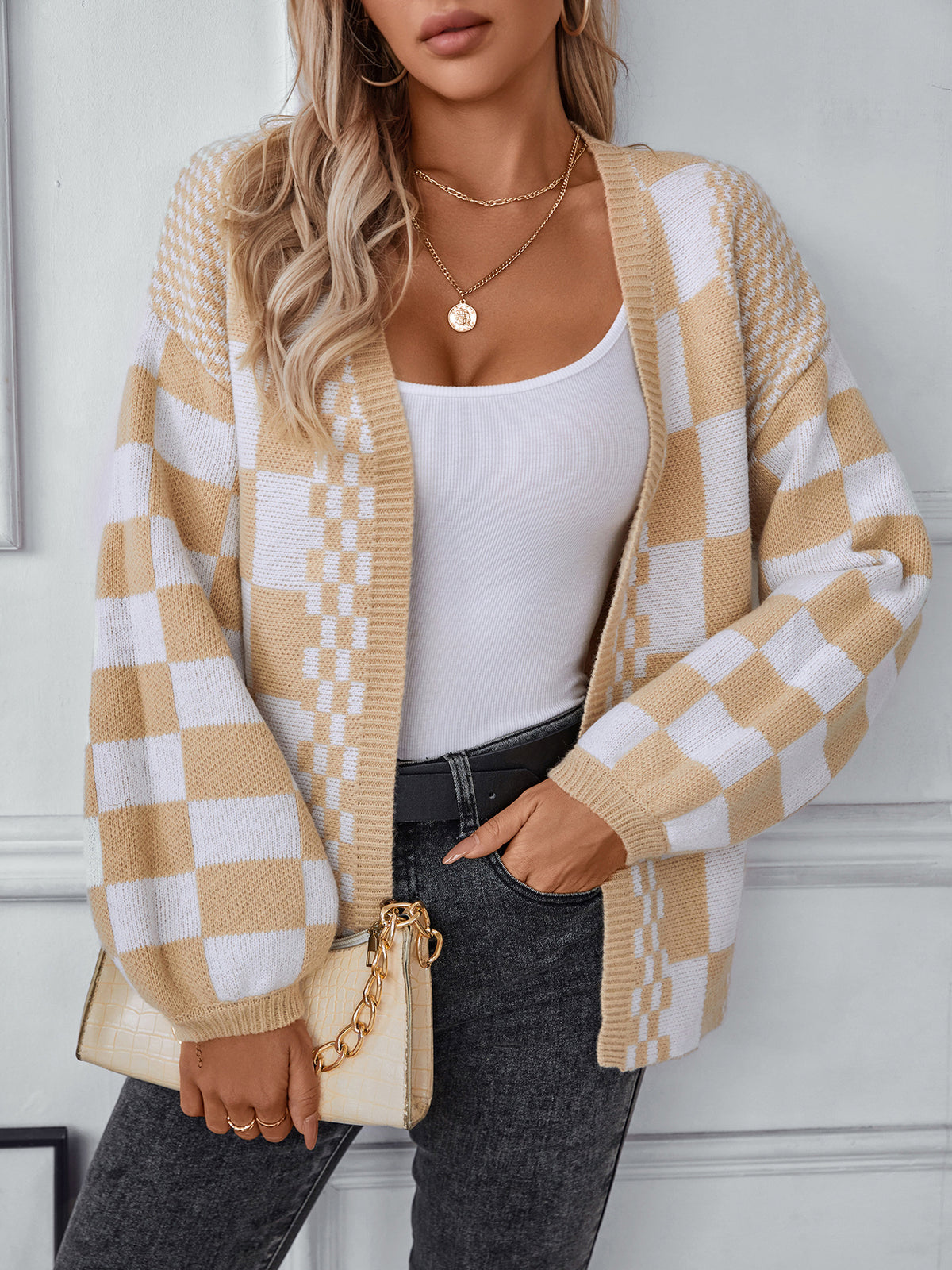 Checkerboard Knit Open Front Balloon Sleeve Cardigan - view 1