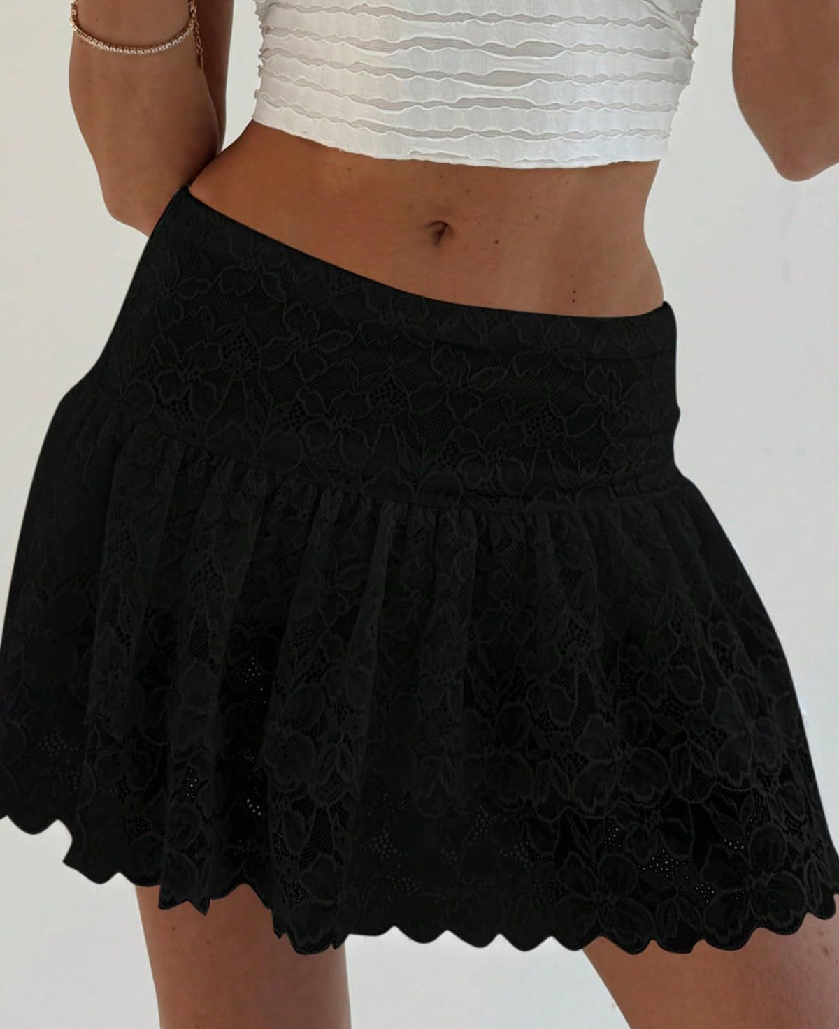 Ballet Core Lace Flared Mini Skirt - Black