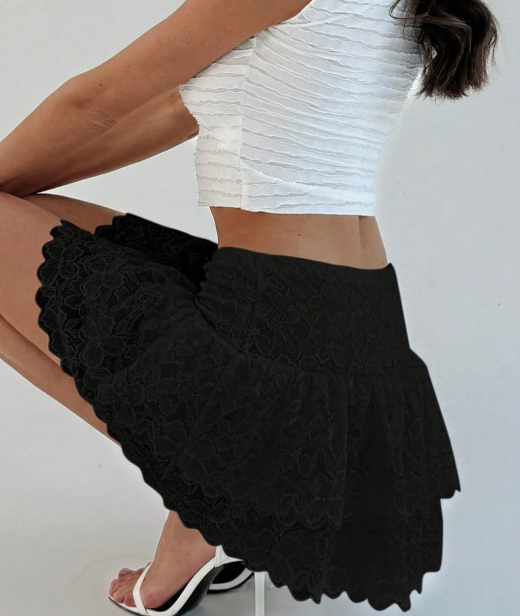 Ballet Core Lace Flared Mini Skirt - Black - 1
