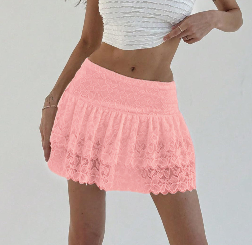 Ballet Core Lace Flared Mini Skirt - Pink