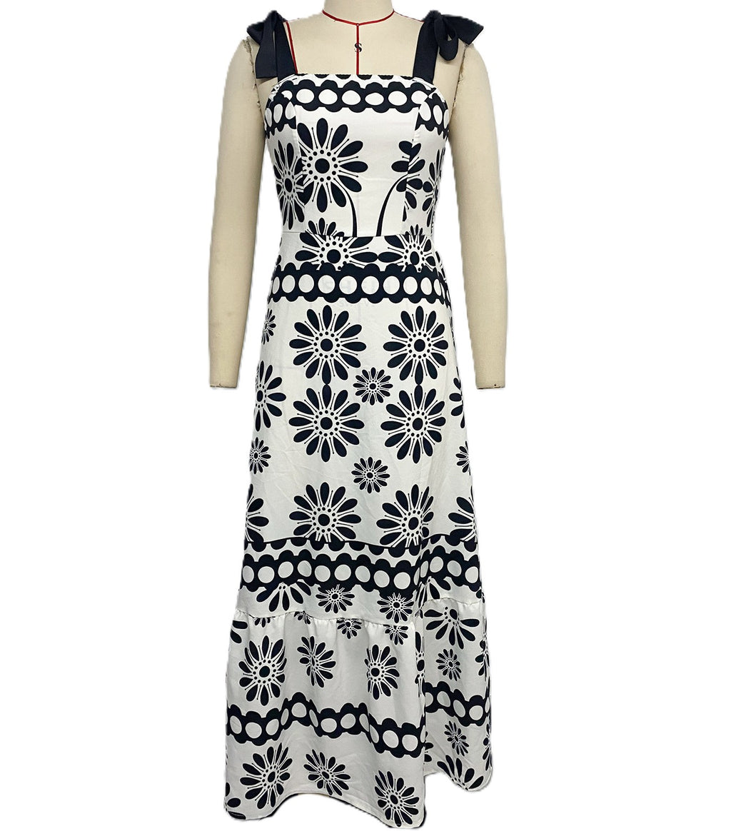 Medallion Print Bow Strap Maxi Dress - Black - 1