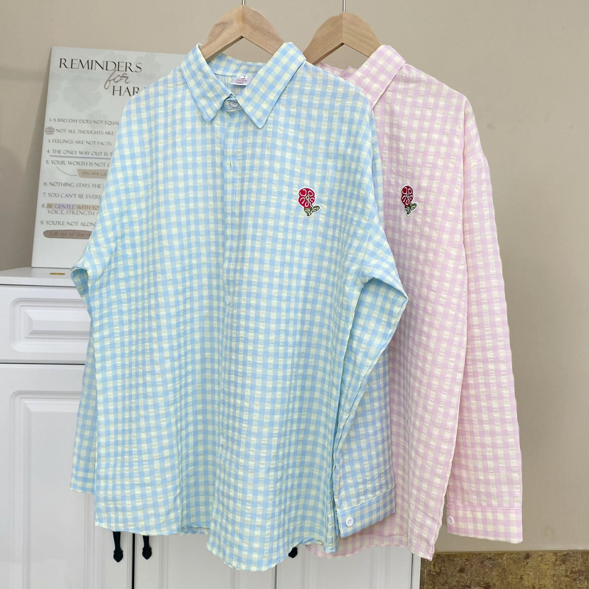 Gingham Check Shirt With Rose Embroidery - view 1