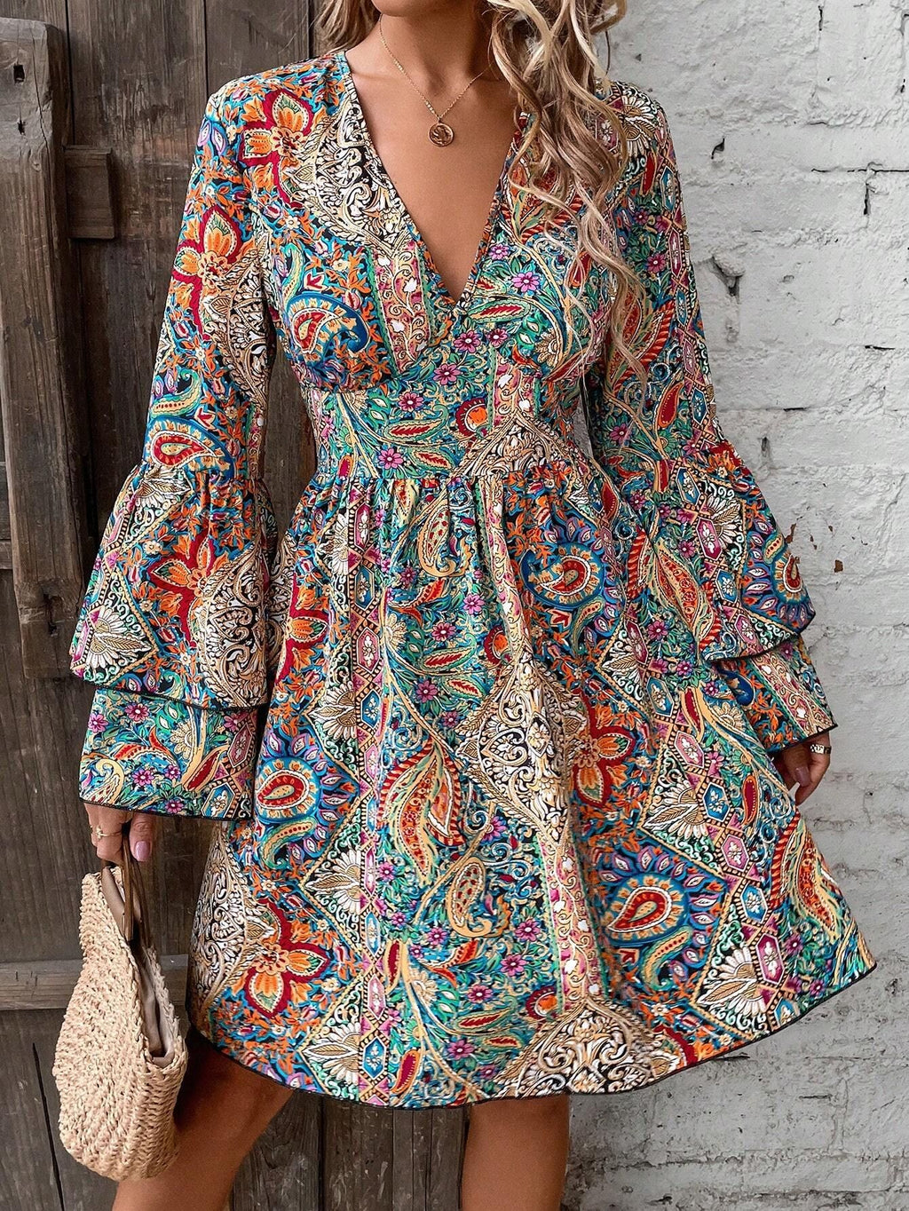 Paisley Print Bell Sleeve Mini Dress - Color