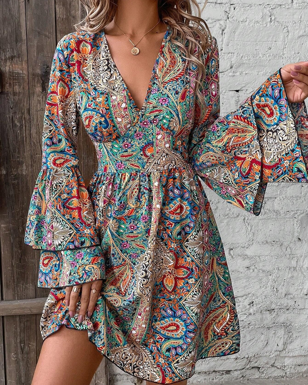 Paisley Print Bell Sleeve Mini Dress - Color - 1