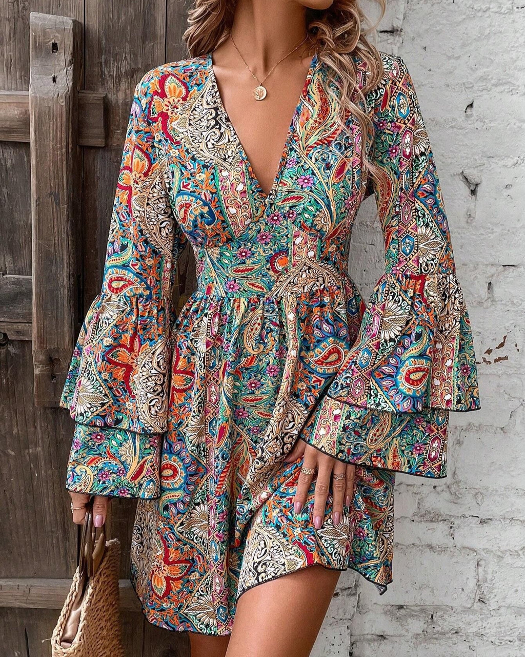 Paisley Print Bell Sleeve Mini Dress - Color - 2