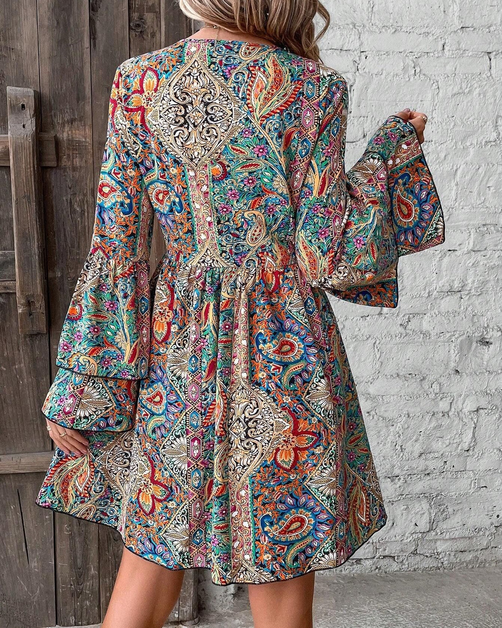 Paisley Print Bell Sleeve Mini Dress - Color - 3