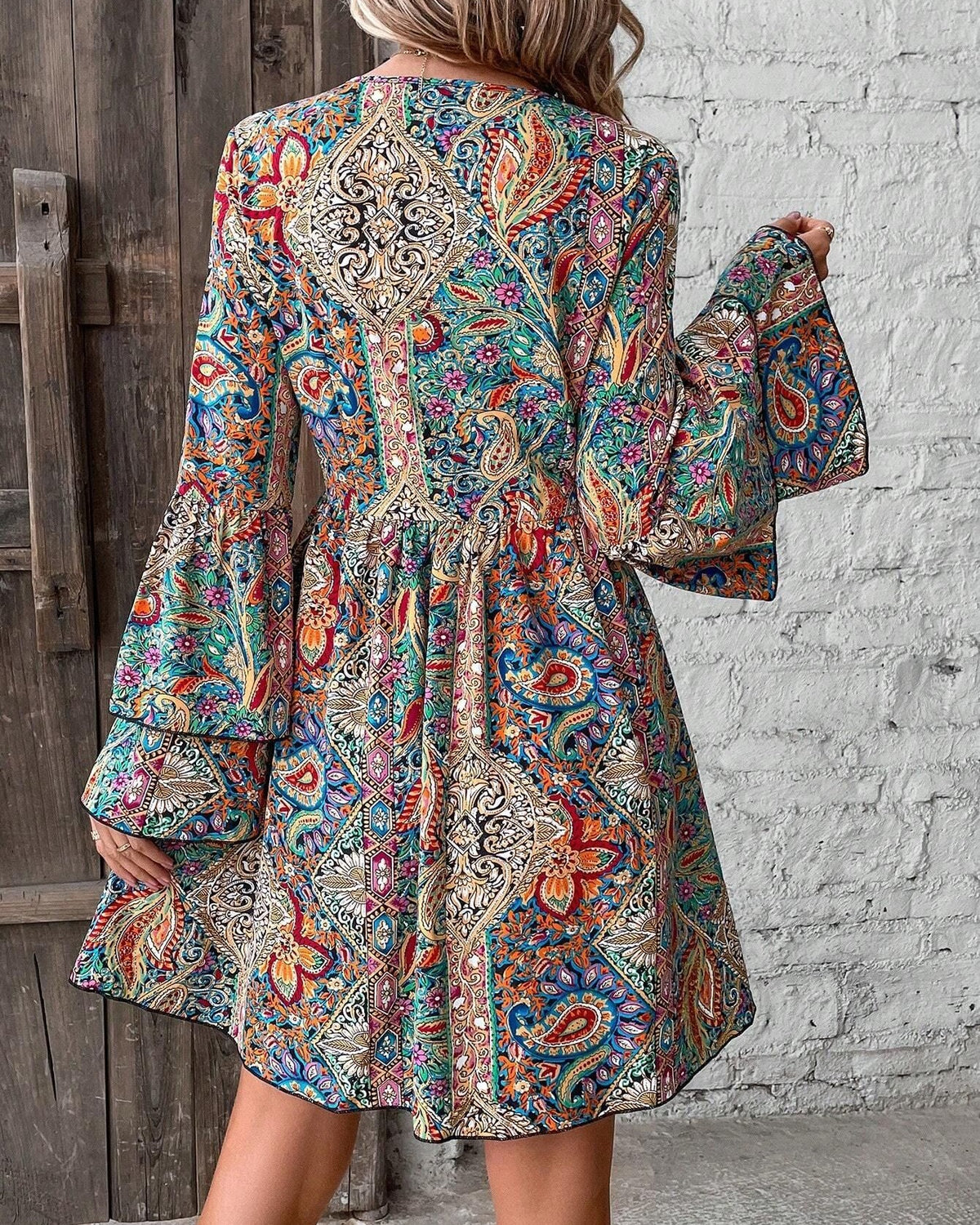 Paisley Print Bell Sleeve Mini Dress - Color - 3
