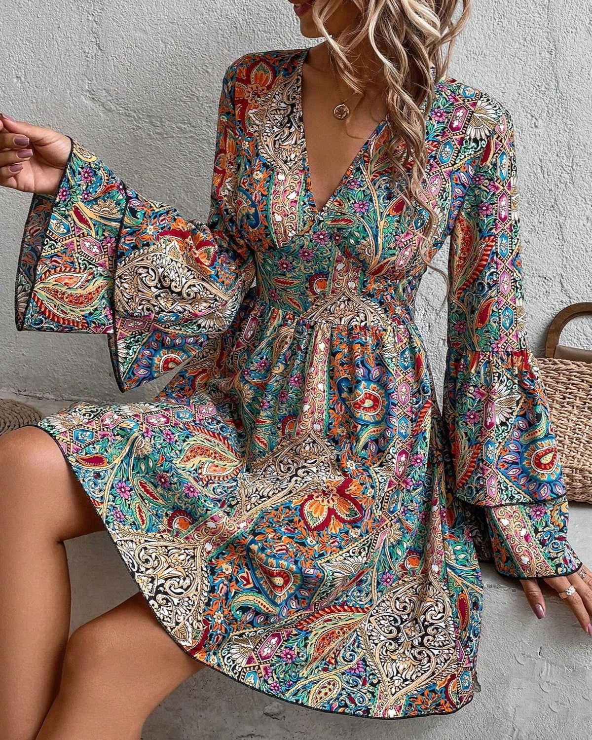 Paisley Print Bell Sleeve Mini Dress - Color - 4