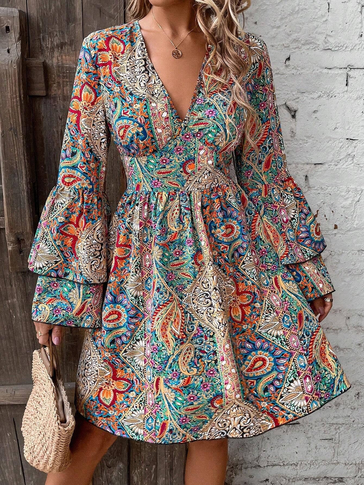 Paisley Print Bell Sleeve Mini Dress