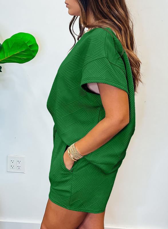 Textured Knit Tee And Drawstring Shorts Set - Green - 1