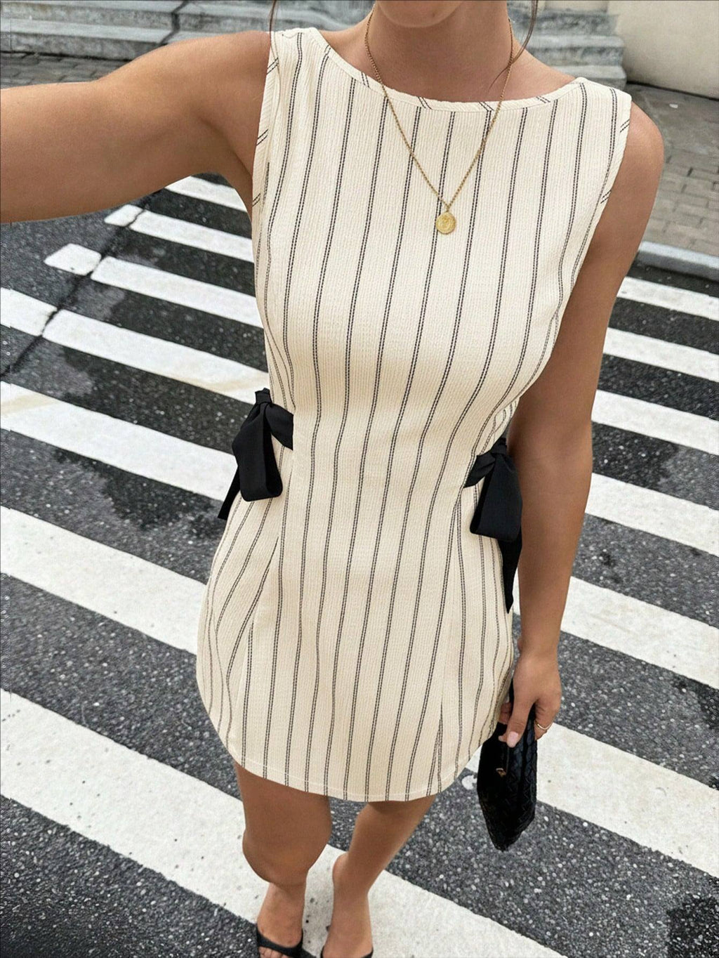 Bow-Accent Pinstripe Fitted Sleeveless Mini Dress - Apricot