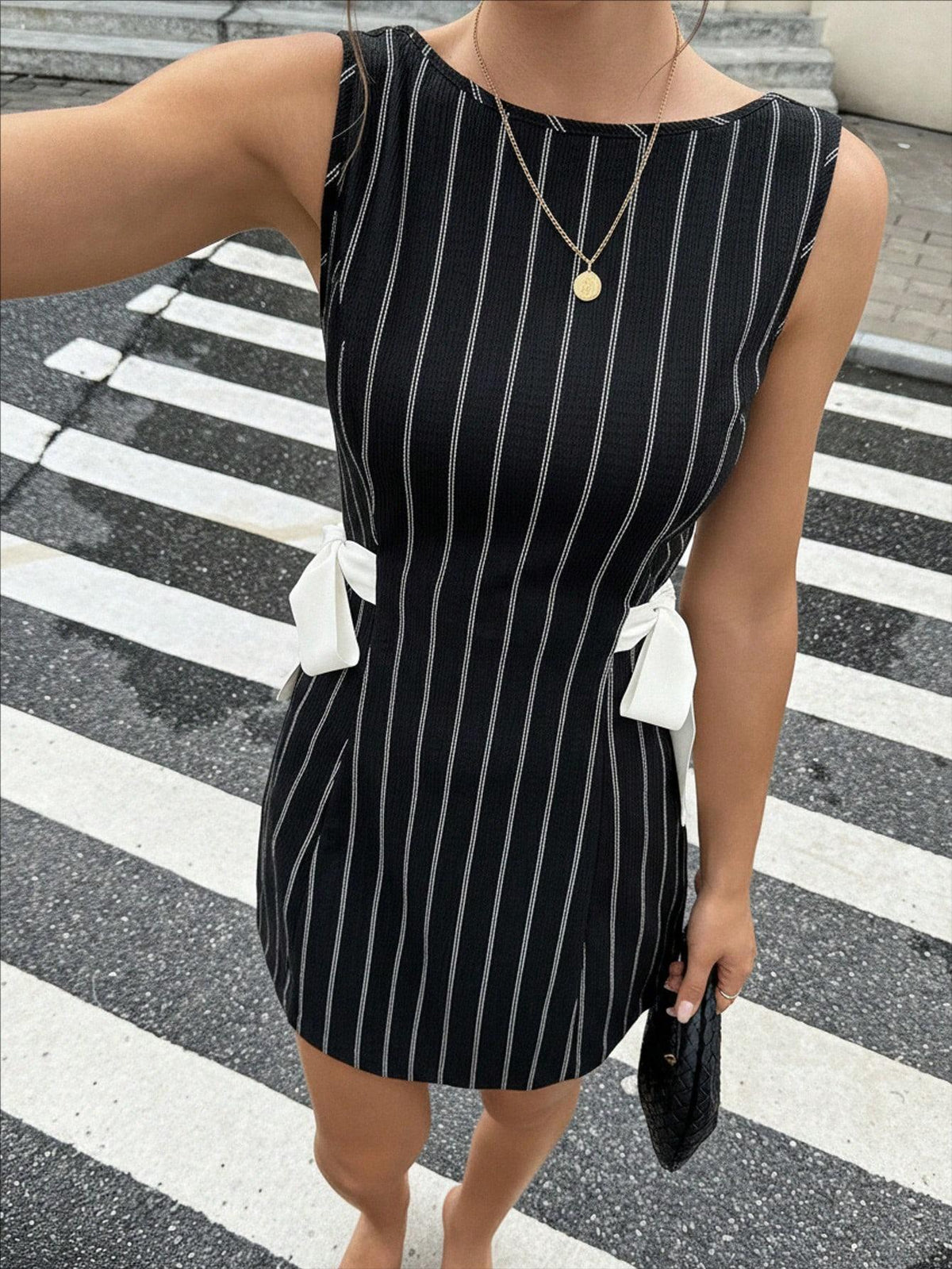Bow-Accent Pinstripe Fitted Sleeveless Mini Dress - Black