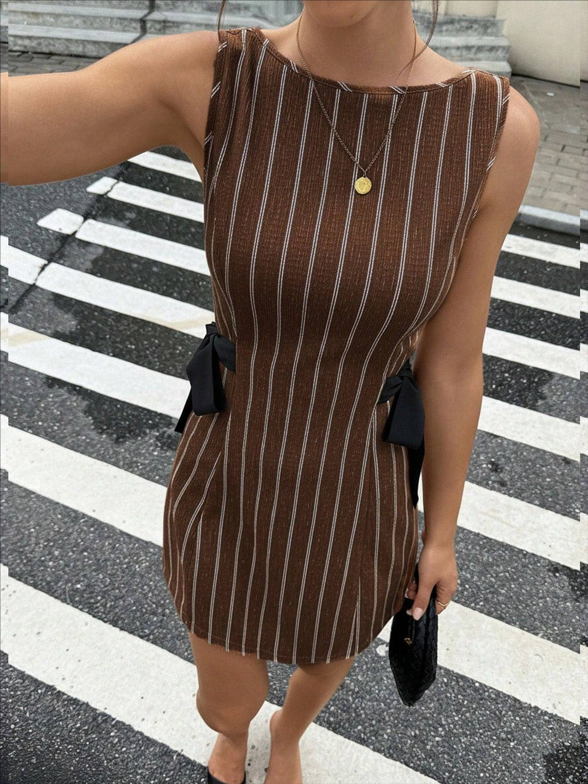 Bow-Accent Pinstripe Fitted Sleeveless Mini Dress - Coffee