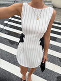 Bow-Accent Pinstripe Fitted Sleeveless Mini Dress - White