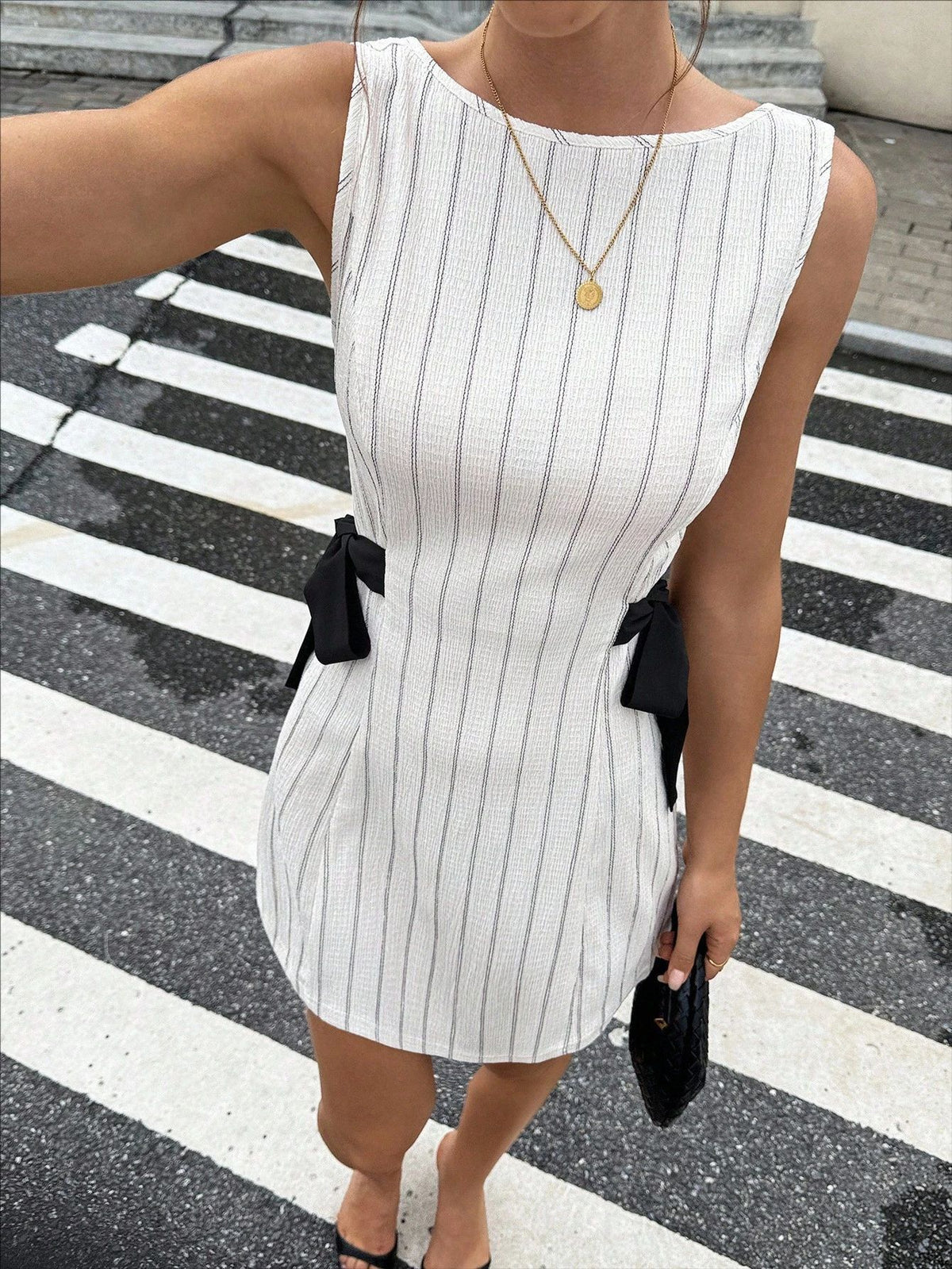 Bow-Accent Pinstripe Fitted Sleeveless Mini Dress - White