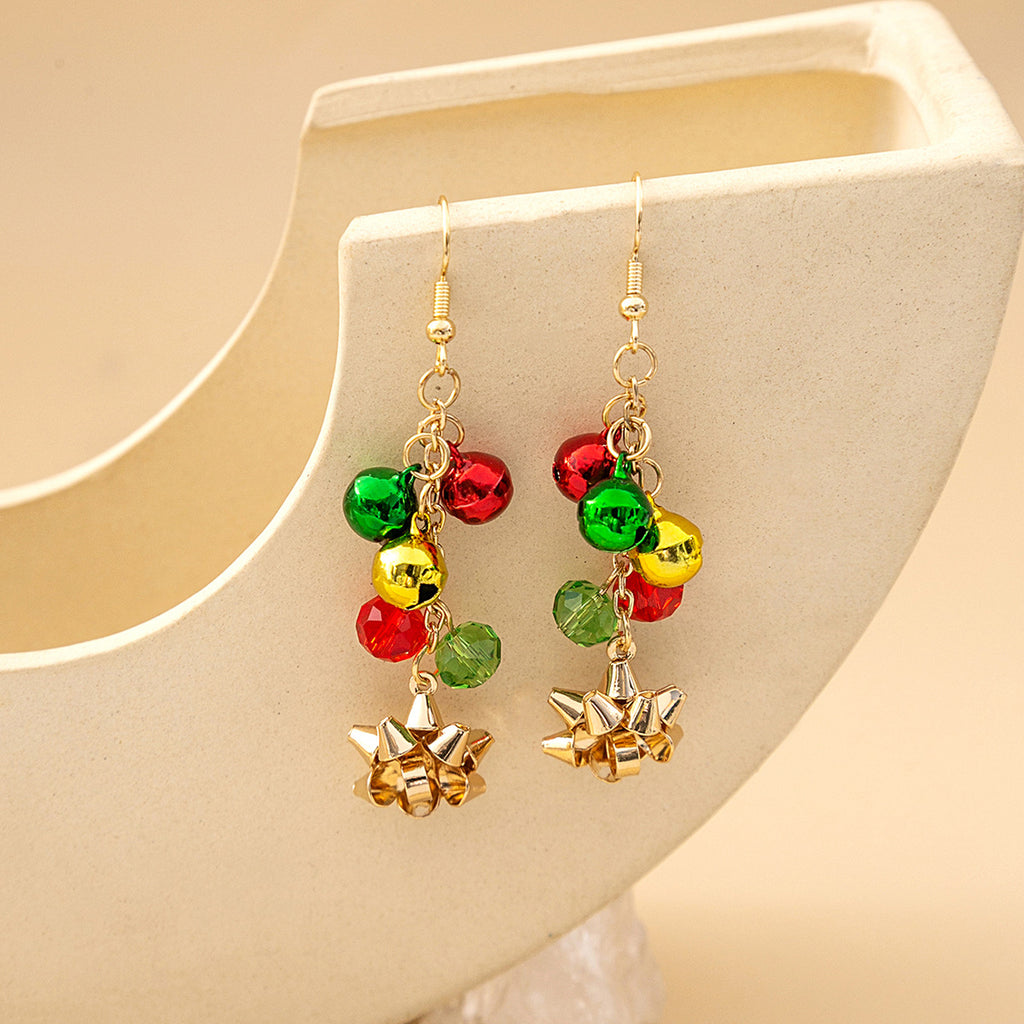 Beaded Bell And Bow Dangle Earrings - Gold