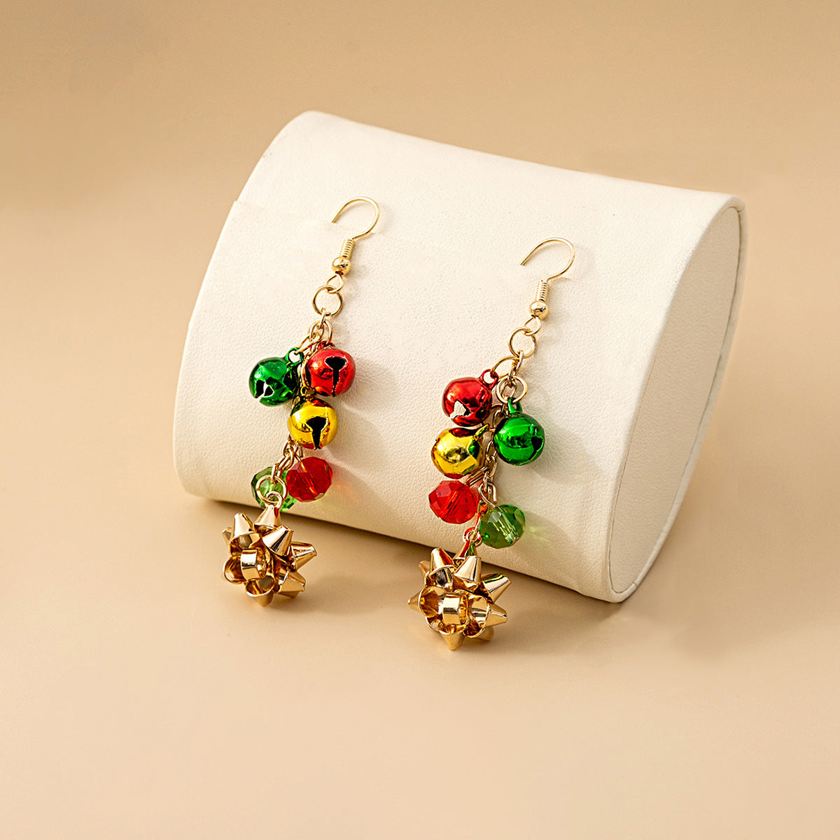 Beaded Bell And Bow Dangle Earrings - Gold - 2