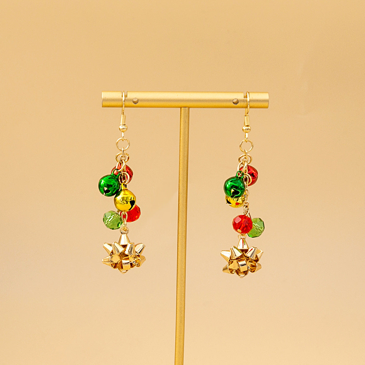 Beaded Bell And Bow Dangle Earrings - Gold - 3