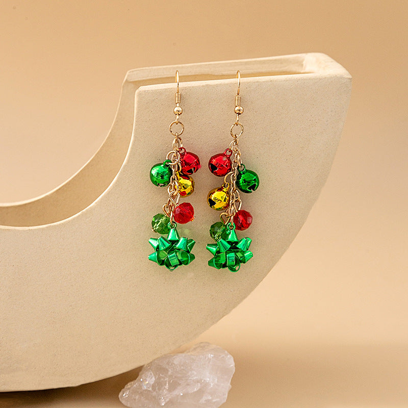 Beaded Bell And Bow Dangle Earrings - Green