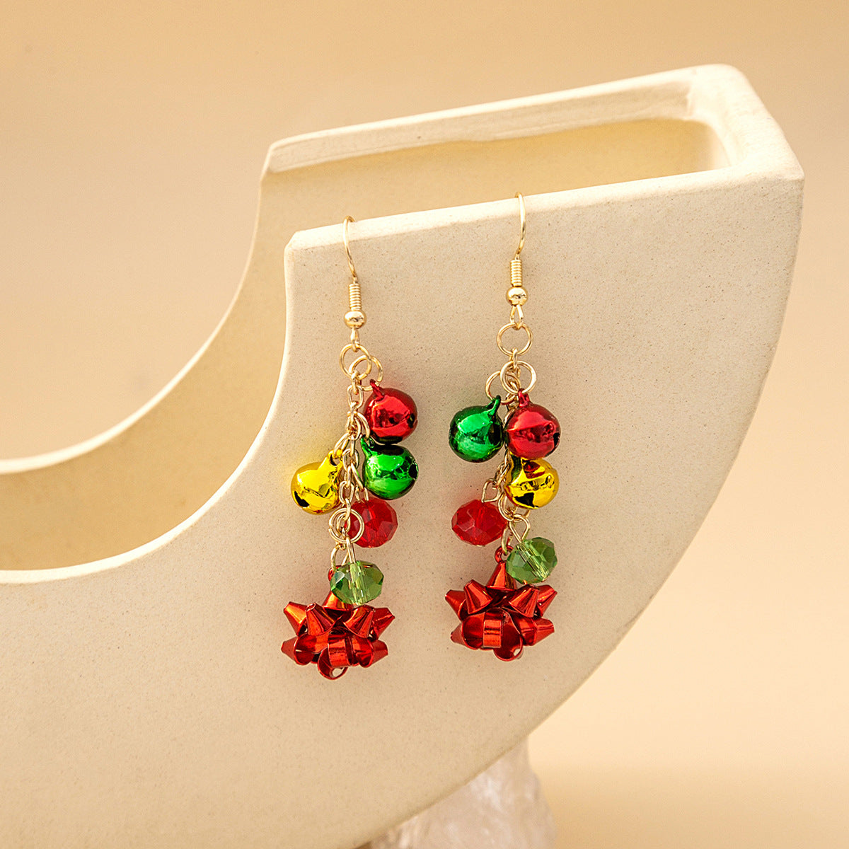 Beaded Bell And Bow Dangle Earrings - Red