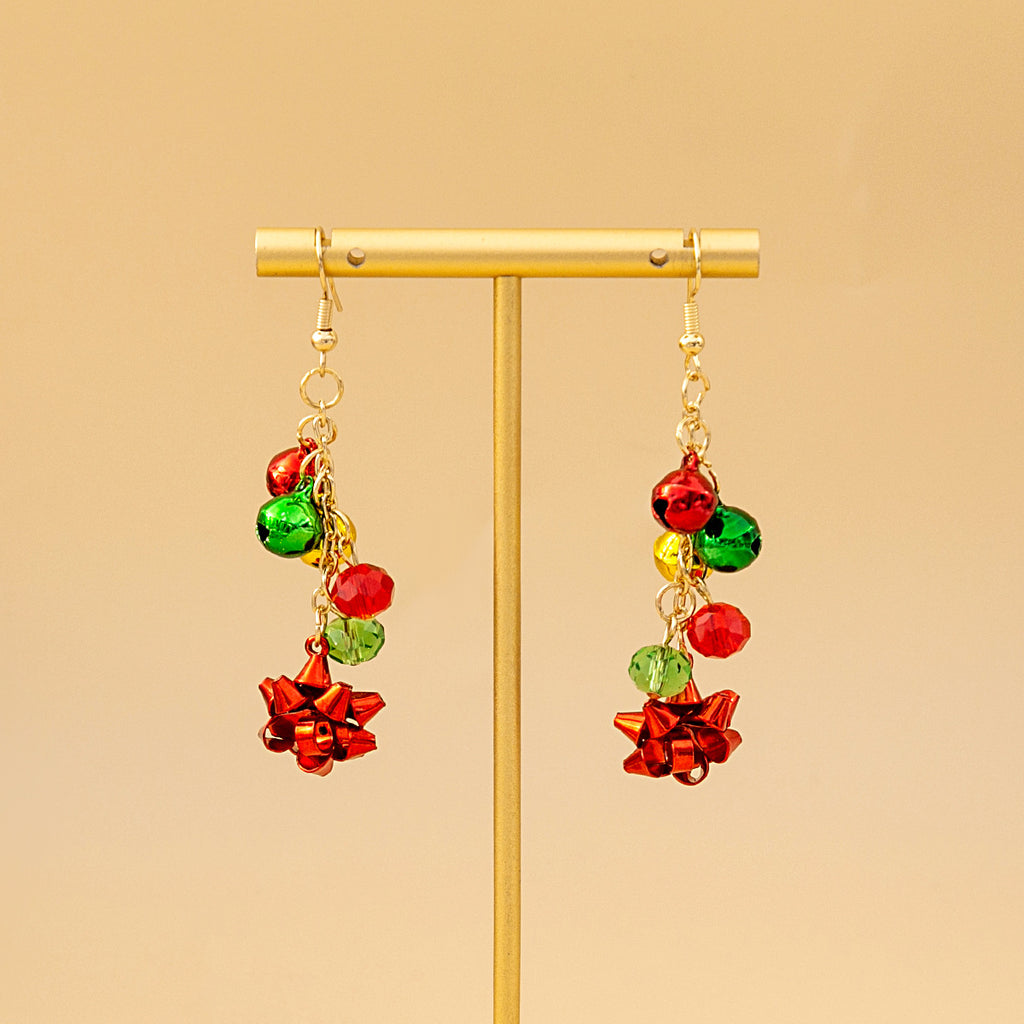 Beaded Bell And Bow Dangle Earrings - Red - 2