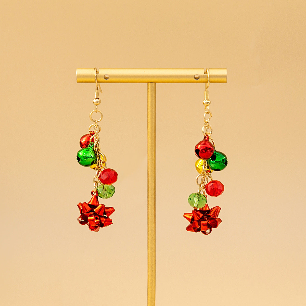 Beaded Bell And Bow Dangle Earrings - Red - 2