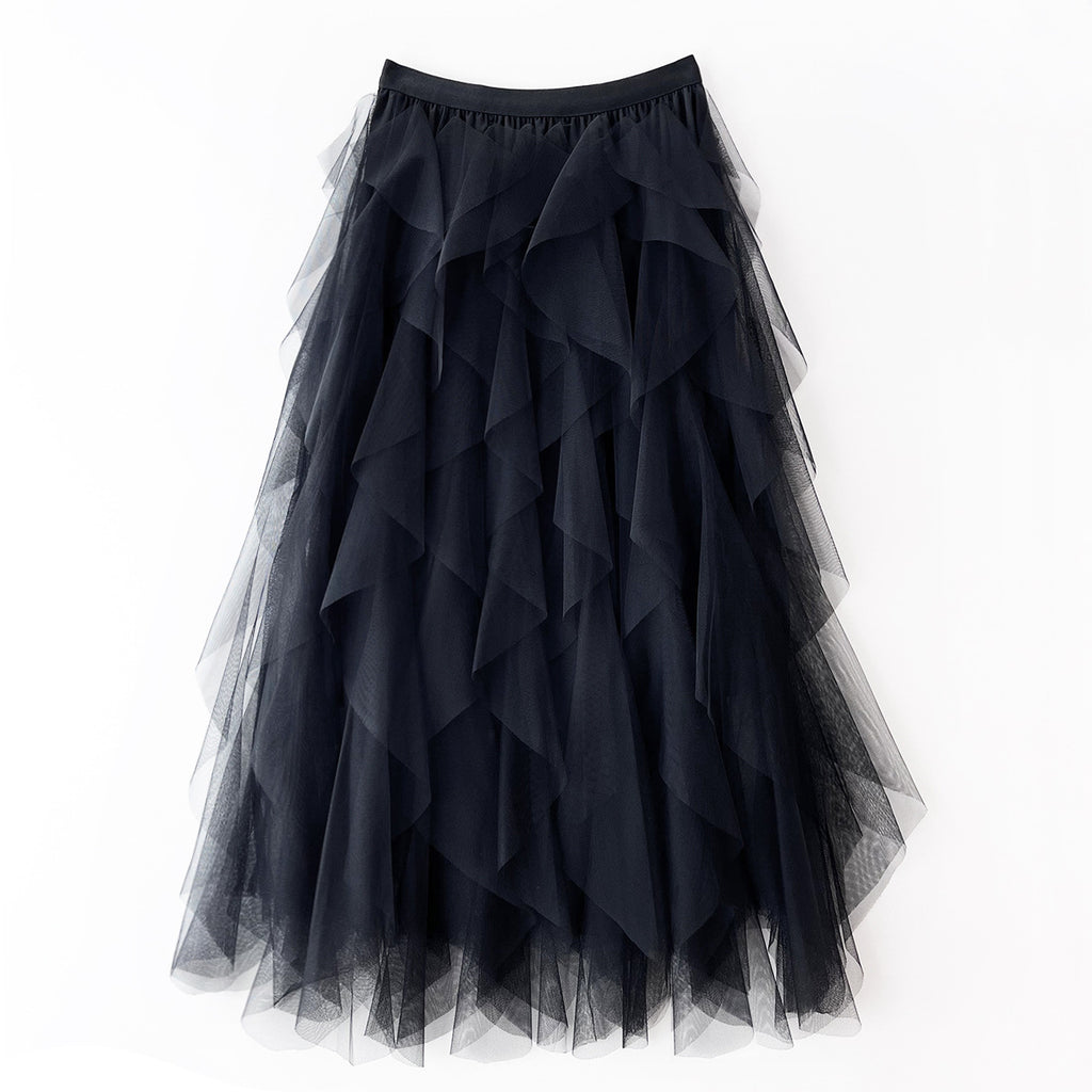 Layered Tulle Tiered Midi Skirt - Black