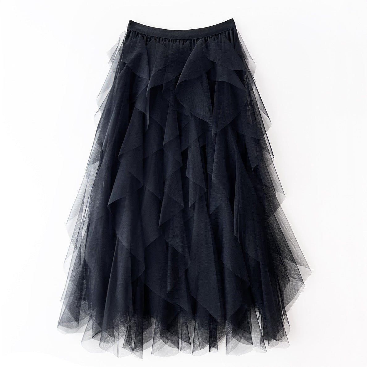 Layered Tulle Tiered Midi Skirt - Black