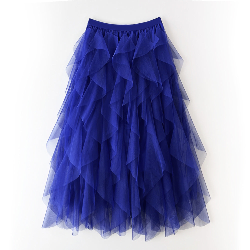 Layered Tulle Tiered Midi Skirt - Blue