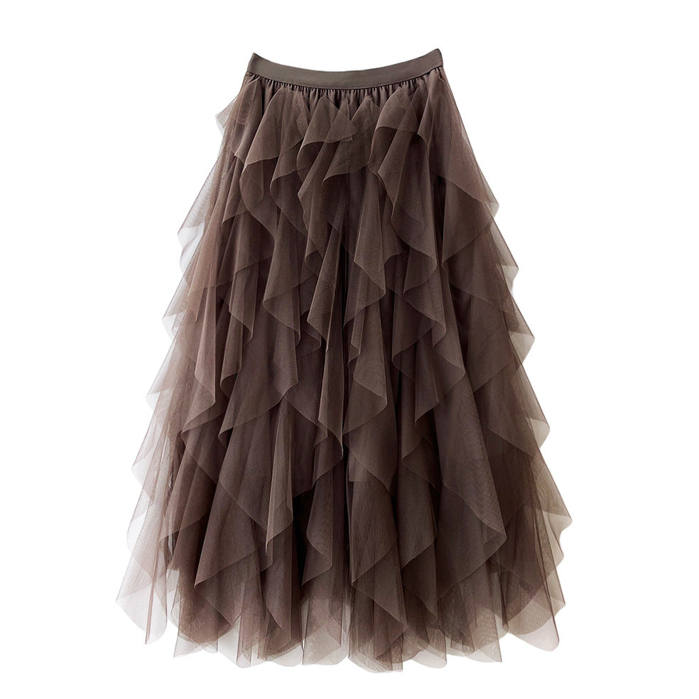 Layered Tulle Tiered Midi Skirt - Coffee
