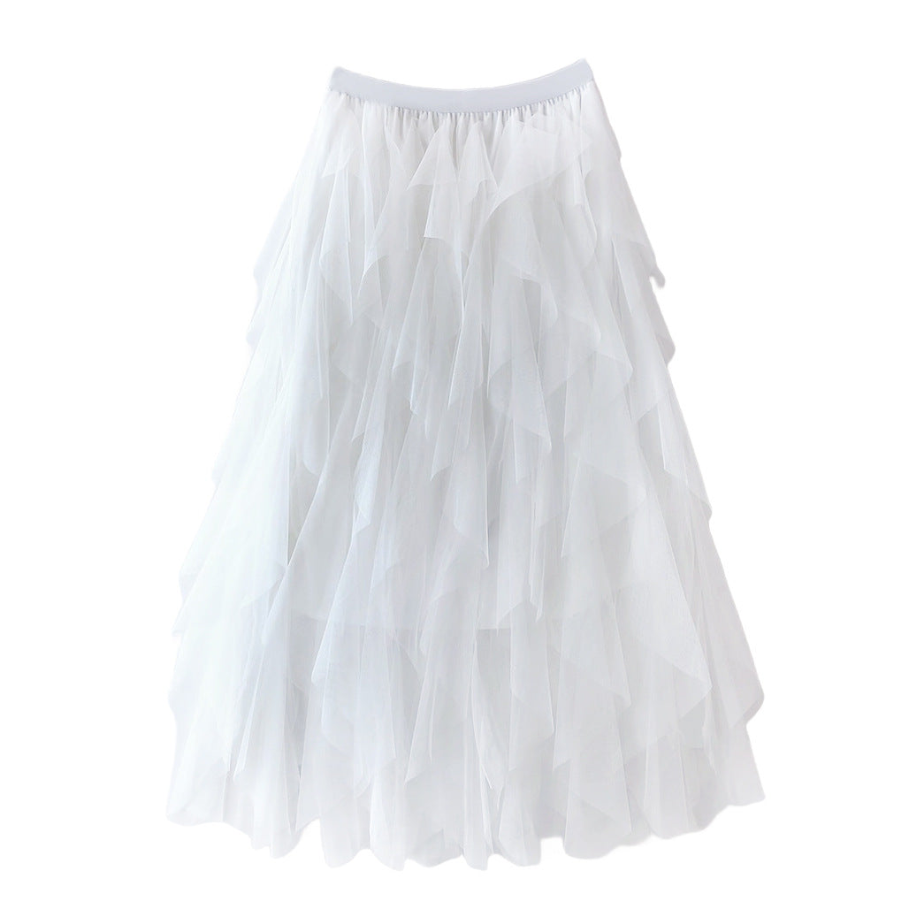 Layered Tulle Tiered Midi Skirt - White