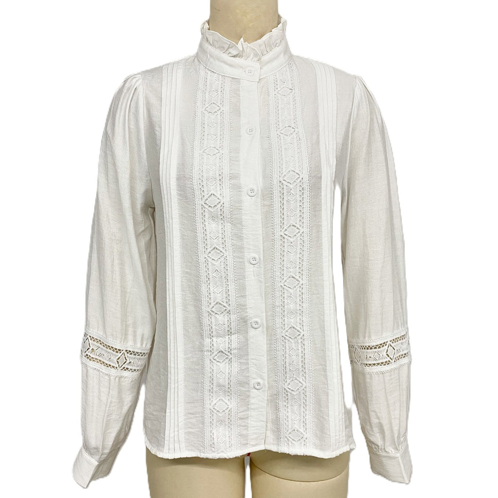 Pintuck Lace Trim Ruffle Collar Shirt - White