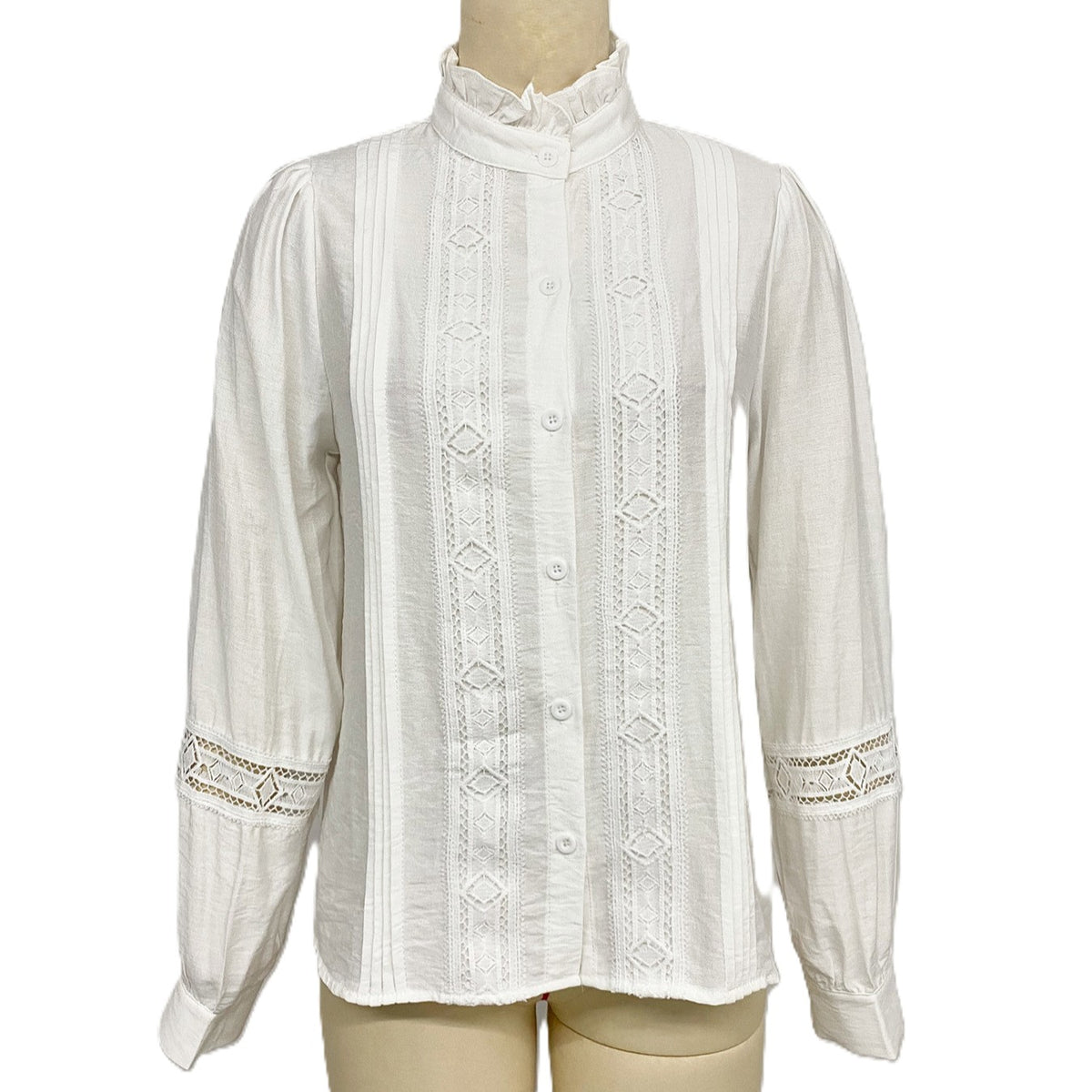 Pintuck Lace Trim Ruffle Collar Shirt - White
