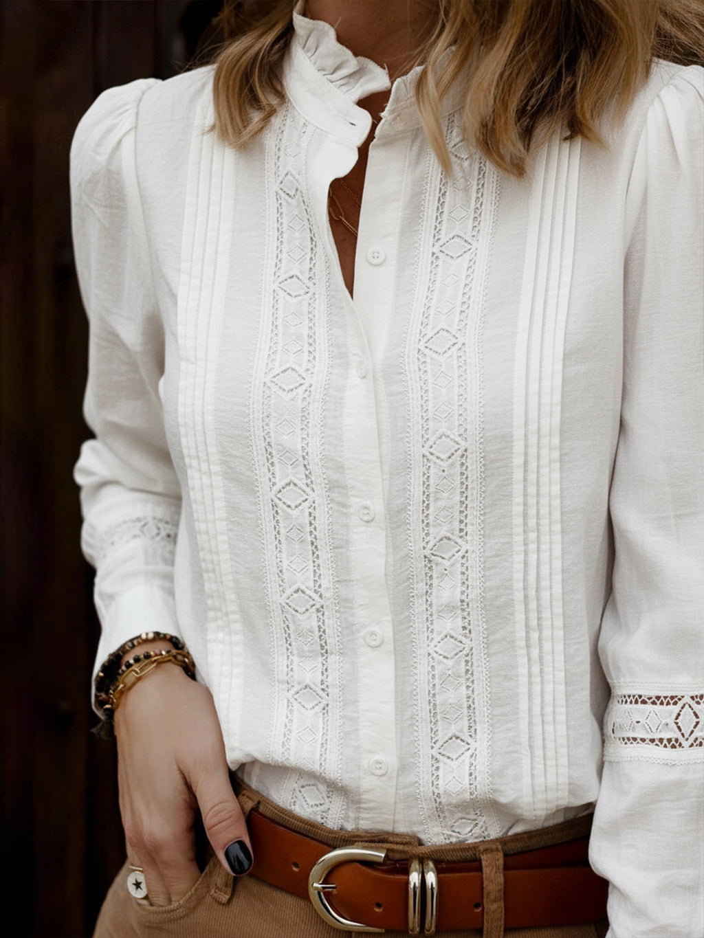 Pintuck Lace Trim Ruffle Collar Shirt - White - 2