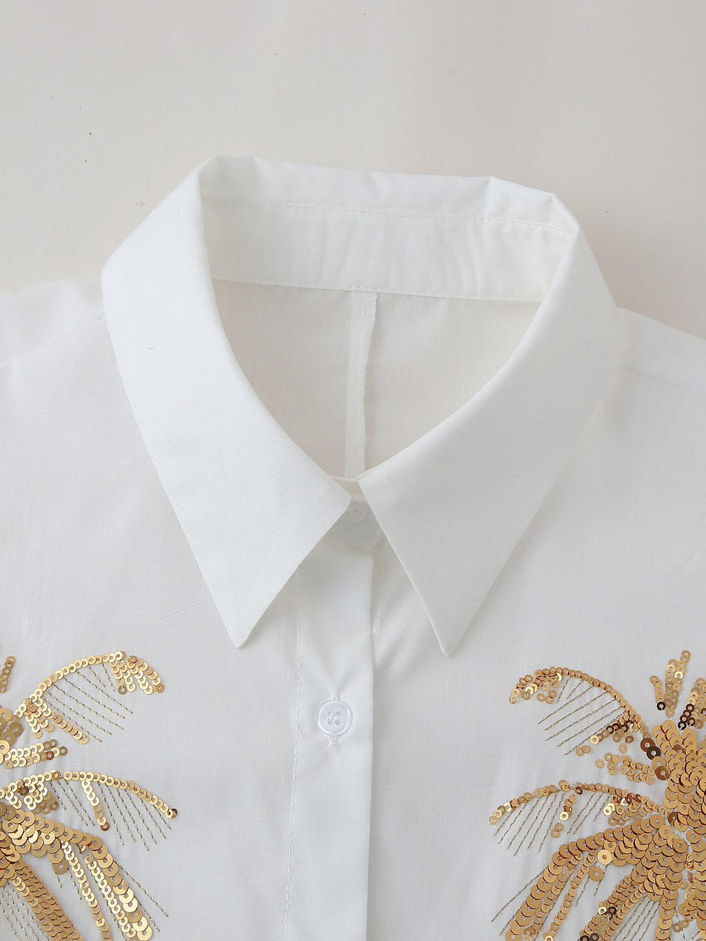 Sequin Embroidered Longline Button Shirt - White - 1