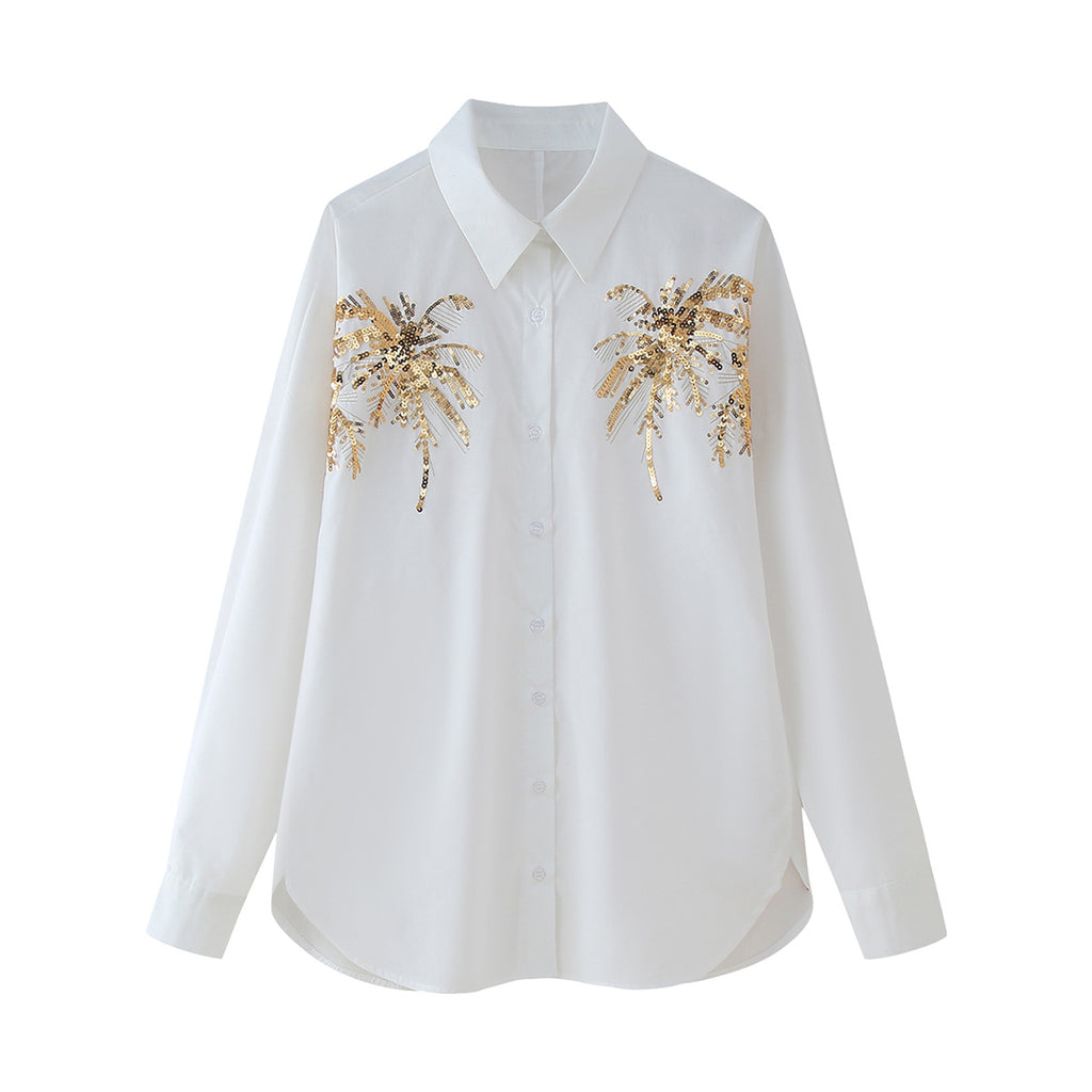 Sequin Embroidered Longline Button Shirt