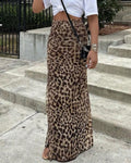 Y2K Leopard Print Slim Maxi Skirt - Coffee