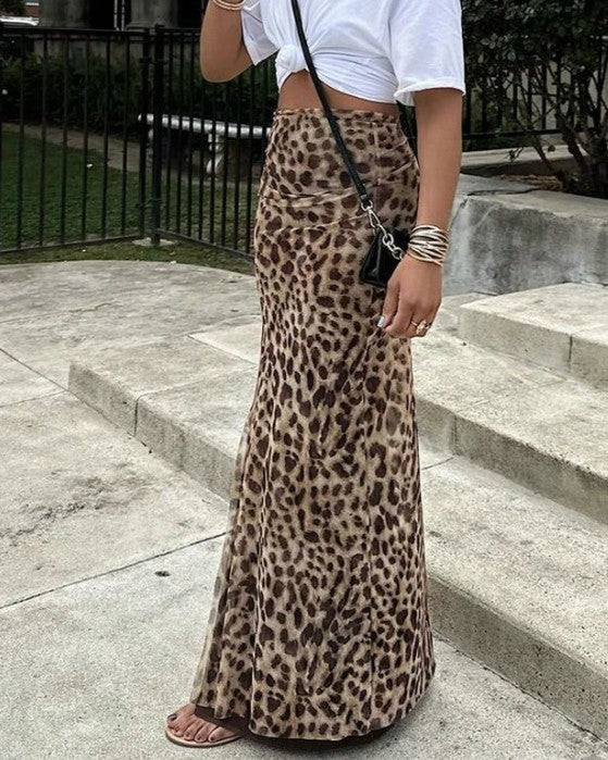 Y2K Leopard Print Slim Maxi Skirt - Coffee - 1