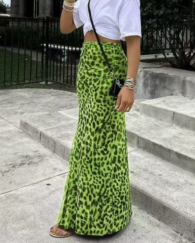Y2K Leopard Print Slim Maxi Skirt - Green