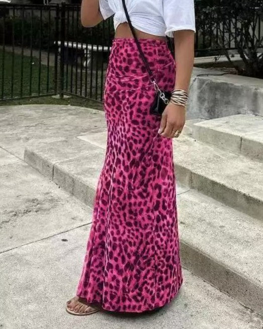 Y2K Leopard Print Slim Maxi Skirt - Rose-Red