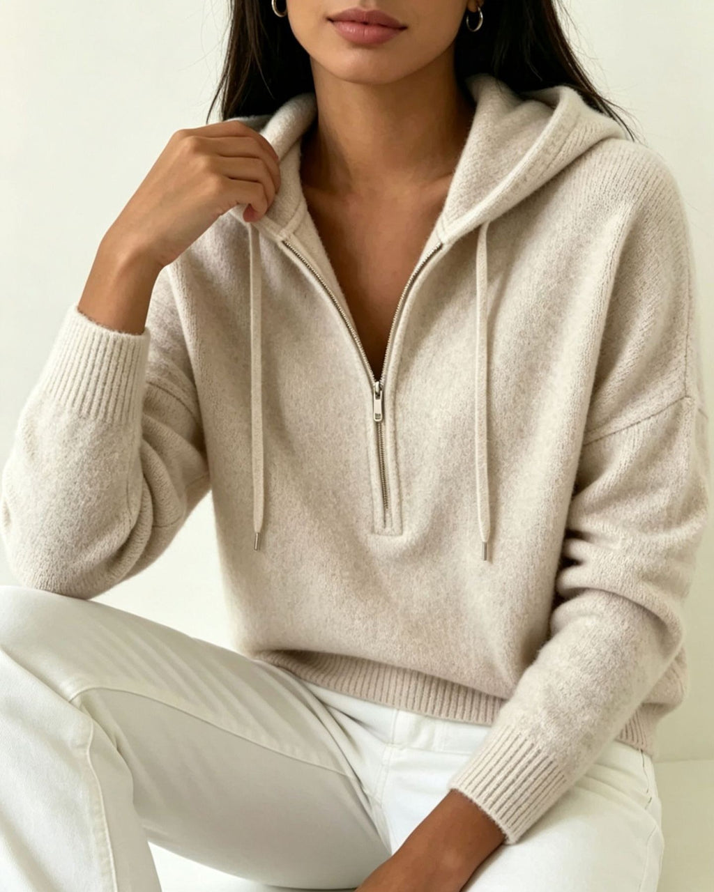 Drop Shoulder Hooded Sweater With Quarter Zip - Apricot