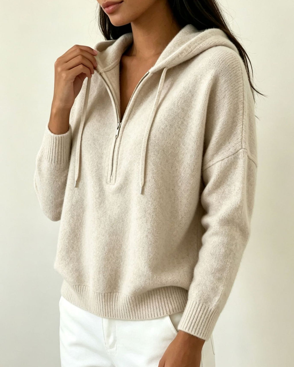 Drop Shoulder Hooded Sweater With Quarter Zip - Apricot - 1