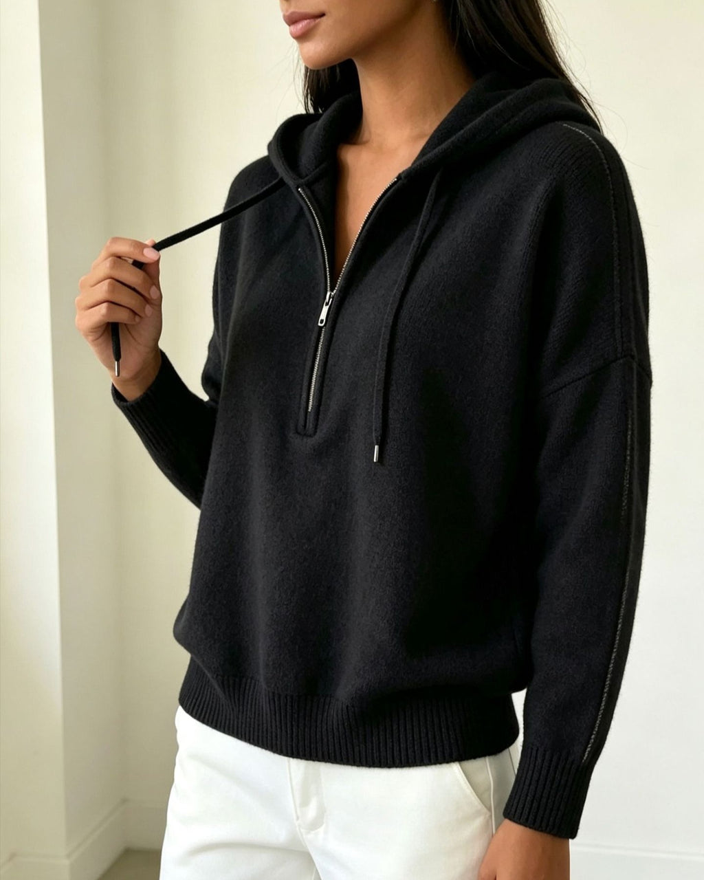 Drop Shoulder Hooded Sweater With Quarter Zip - Black