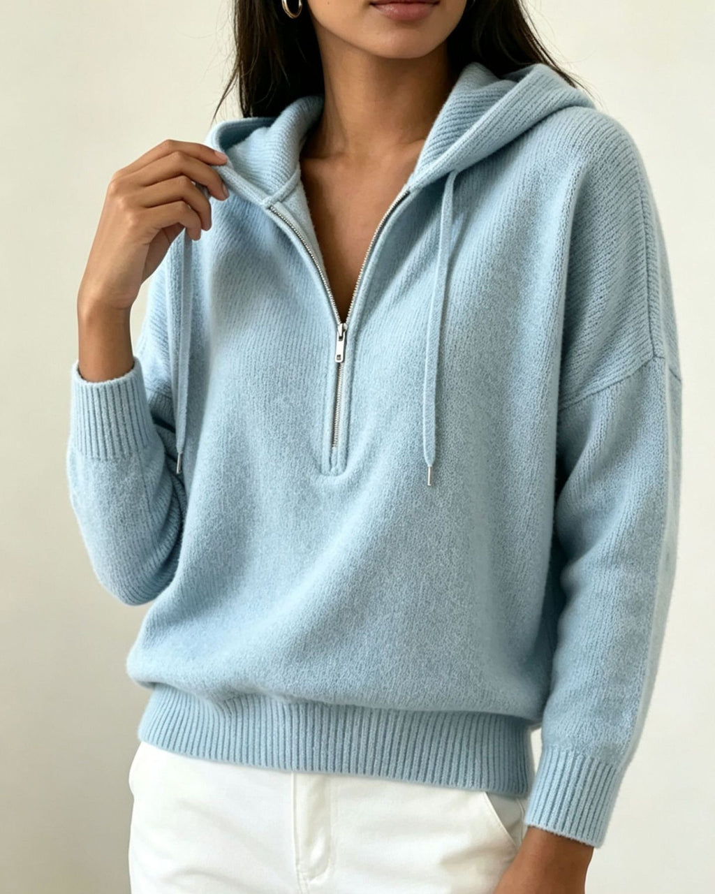 Drop Shoulder Hooded Sweater With Quarter Zip - Light-Blue