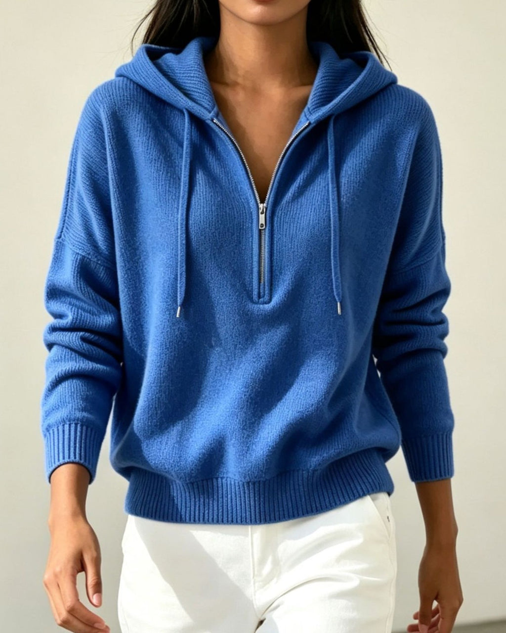 Drop Shoulder Hooded Sweater With Quarter Zip - TBlue