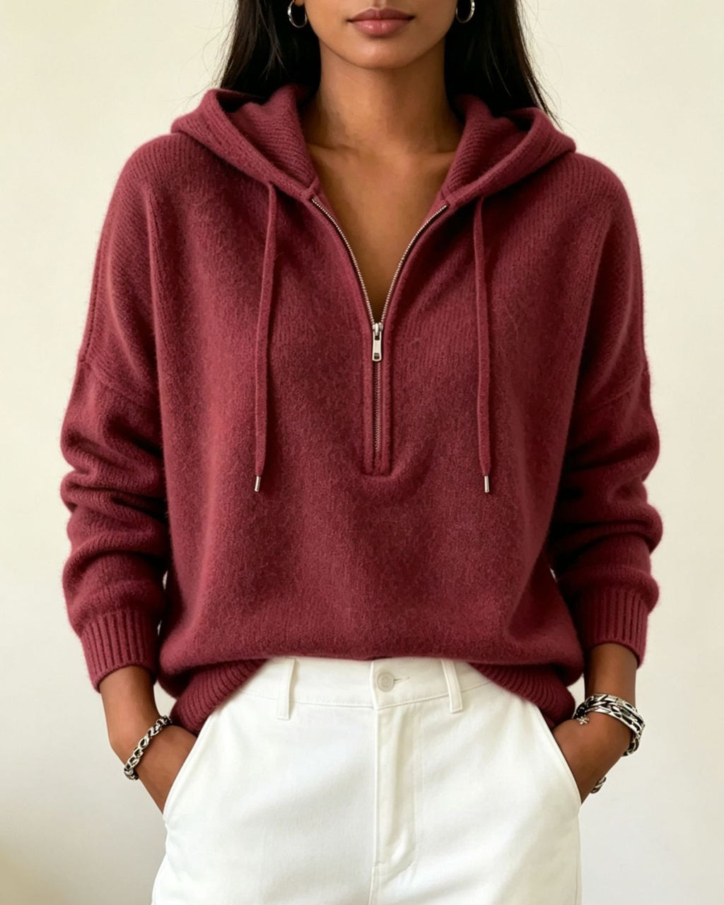 Drop Shoulder Hooded Sweater With Quarter Zip - Wine-Red